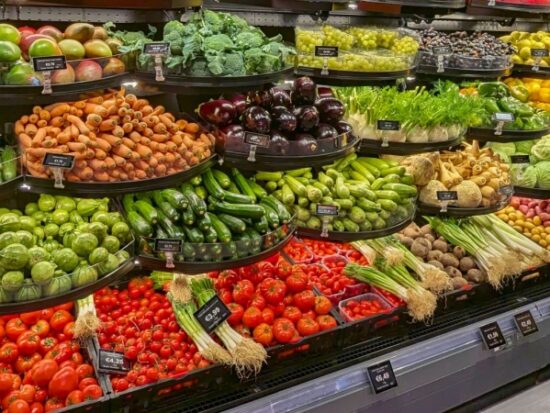fruits vegetables produce supermarket grocery store Shutterstock_2560984363